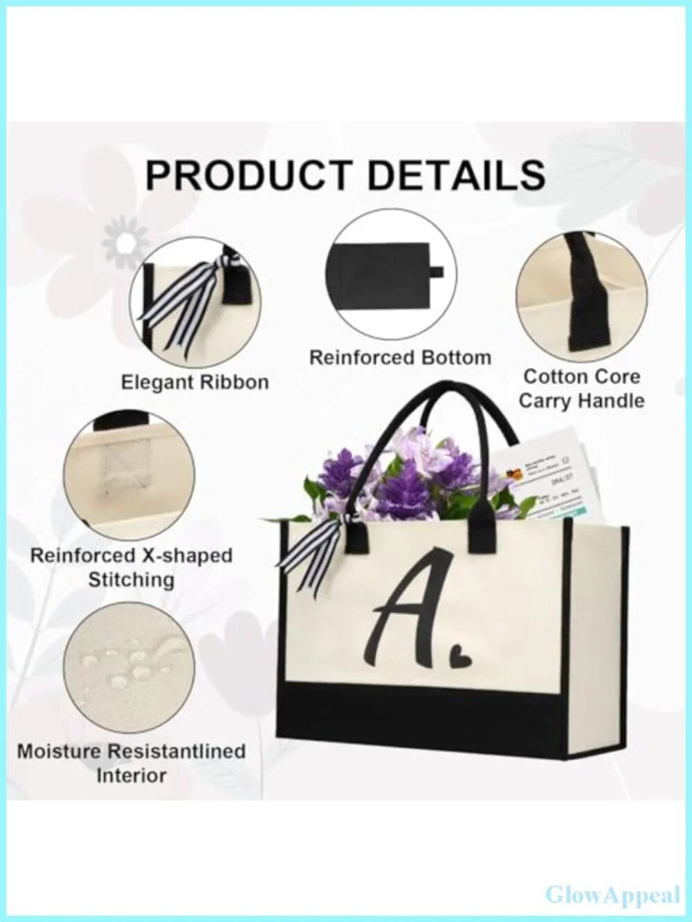 Personalized Initial Canvas Tote Bag Large Beach Shoulder Bag Gift for Women